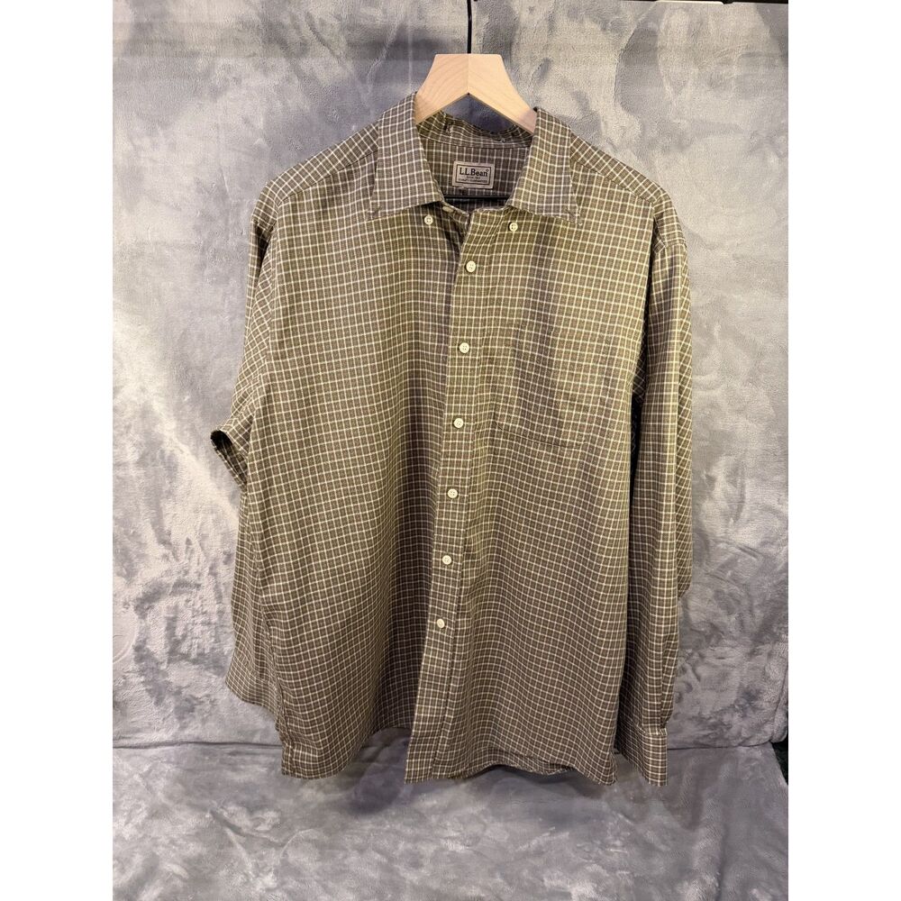 LLBean - Green Plaid, Button-Down Long-Sleeve Shirt - Mens Large